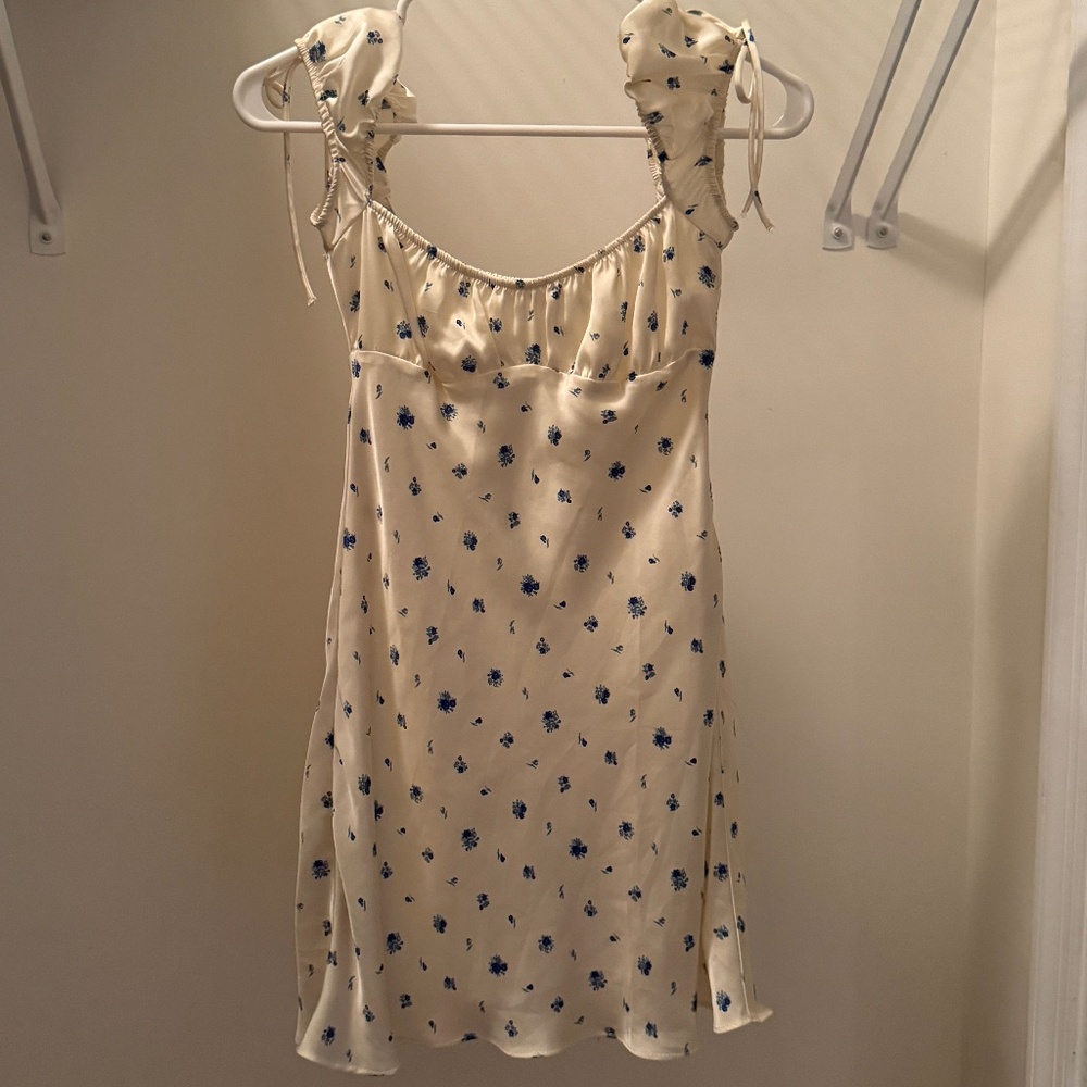 ZARA silk white dress with blue flowers